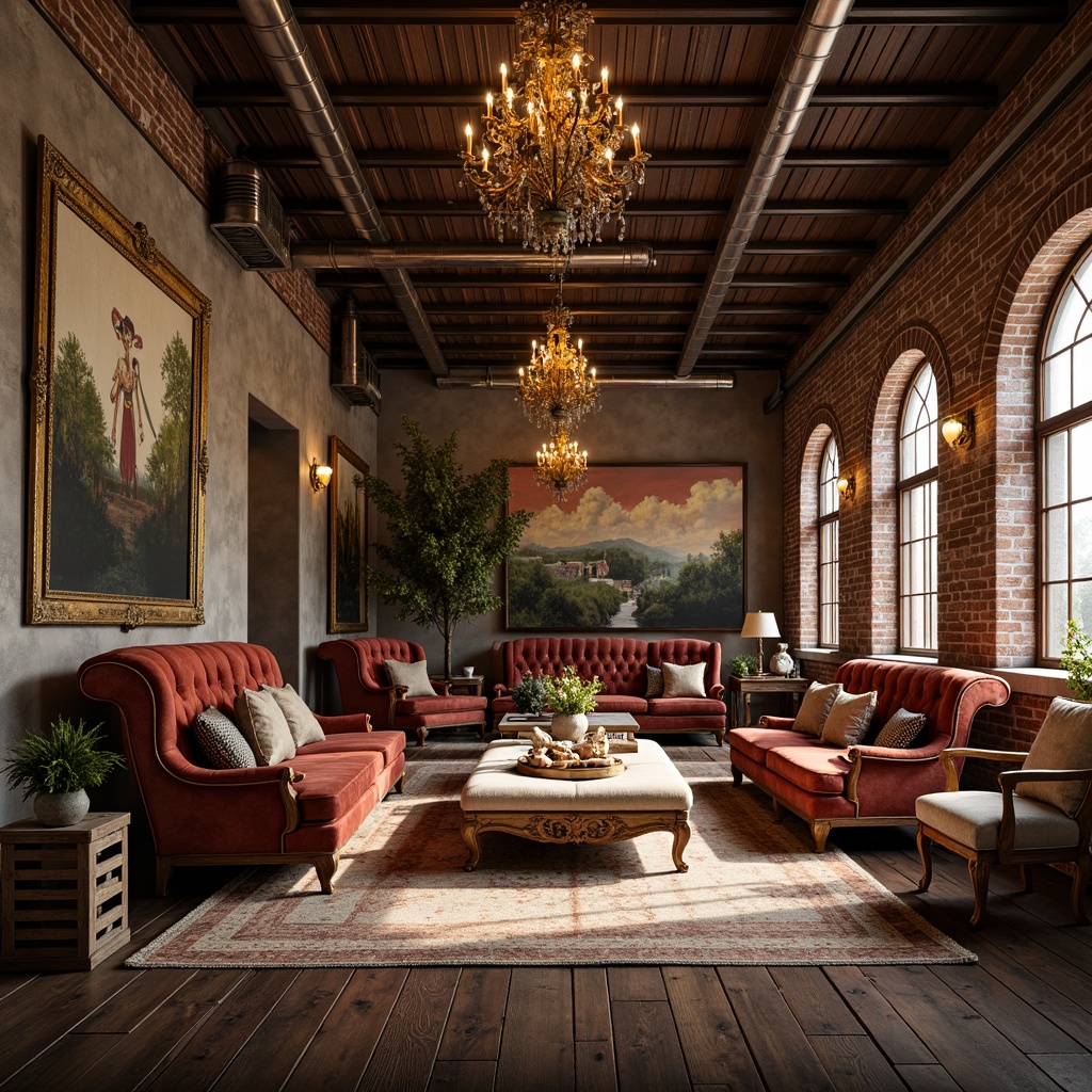 Prompt: Vintage industrial warehouse, exposed brick walls, metal beams, reclaimed wood floors, ornate Art Nouveau details, flowing organic lines, sinuous curves, luxurious velvet sofas, antique wooden chairs, richly upholstered ottomans, intricate metalwork, grandiose chandeliers, warm golden lighting, rustic wooden crates, eclectic art pieces, distressed leather armchairs, industrial metal tables, lavish drapery, opulent textiles, soft warm atmosphere, 1/2 composition, realistic textures, ambient occlusion.