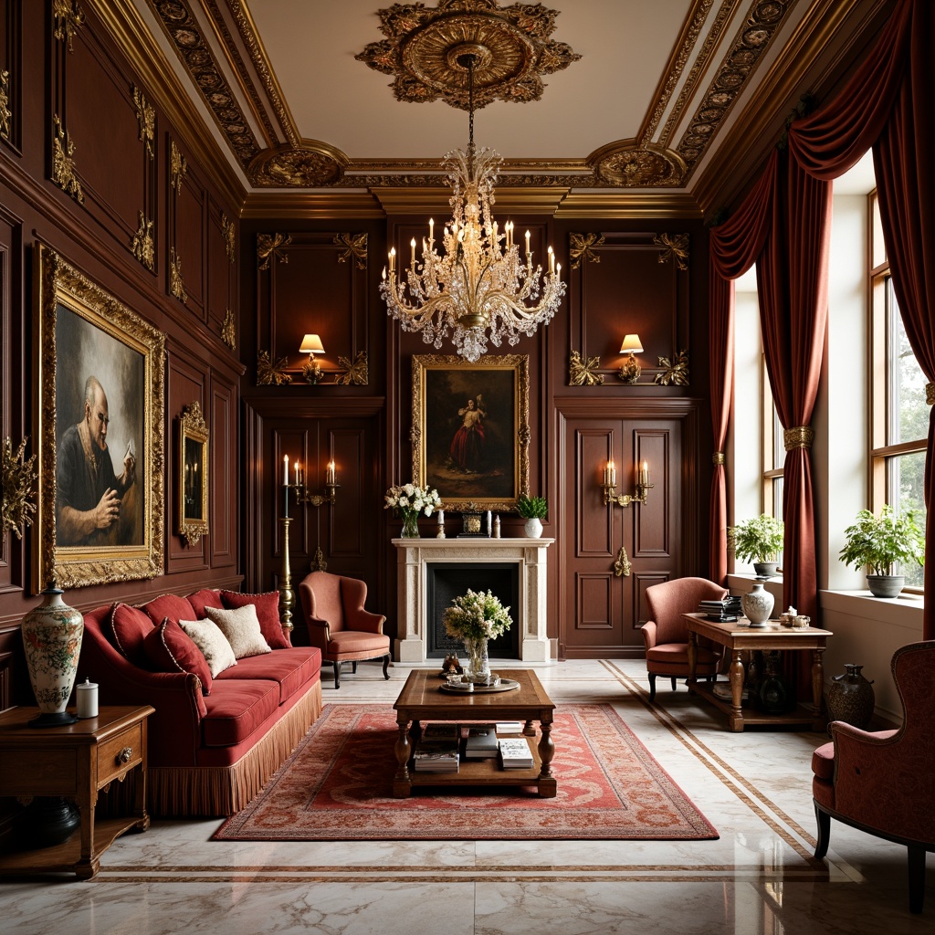 Prompt: Elegant classic mansion, ornate furnishings, rich velvet fabrics, intricately carved wooden accents, gilded frames, antique vases, crystal chandeliers, luxurious marble floors, stately columns, symmetrical compositions, warm golden lighting, shallow depth of field, 1/1 aspect ratio, realistic textures, ambient occlusion.