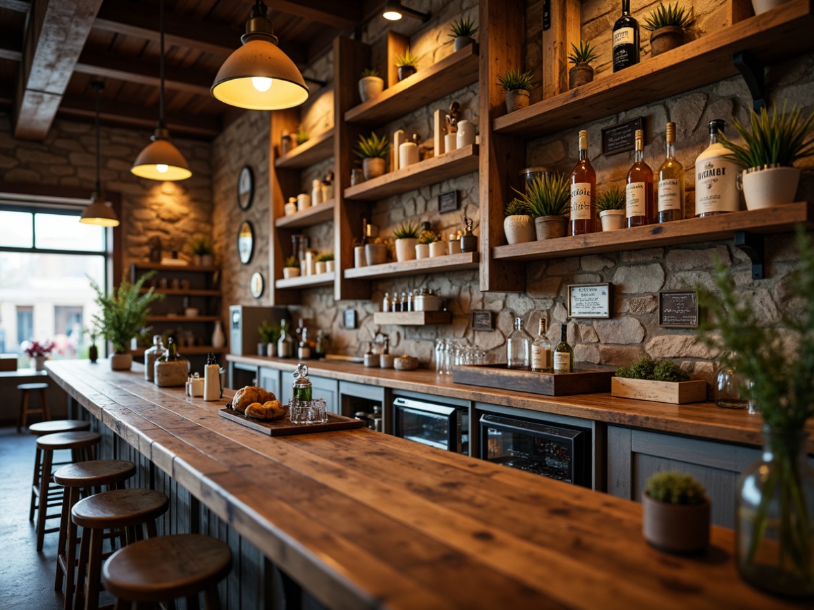 Prompt: Rustic farmhouse bar, reclaimed wood shelves, galvanized metal brackets, vintage industrial lighting, earthy tones, natural stone walls, wooden crates, antique metal signs, distressed finishes, open storage, eclectic decor, warm ambient lighting, shallow depth of field, 1/2 composition, realistic textures, soft focus effect.