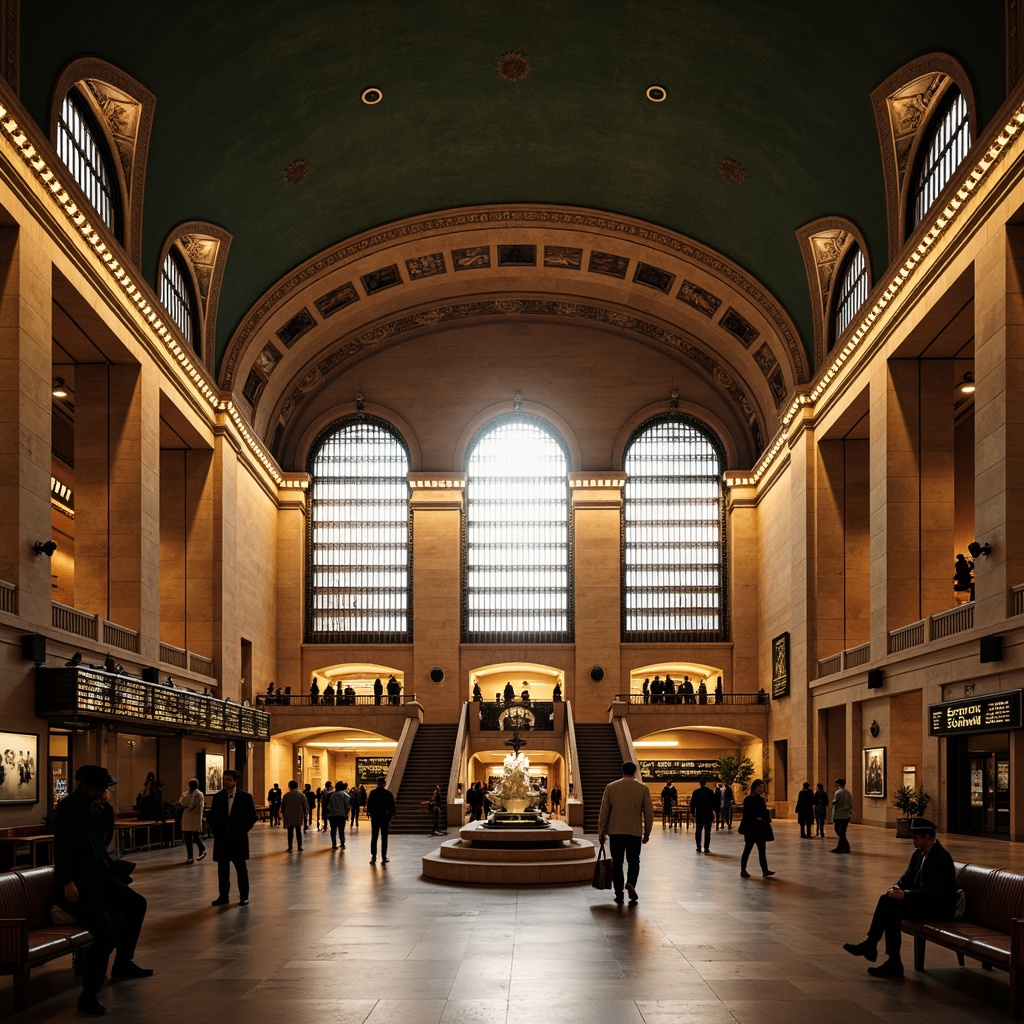 Prompt: Grand train station, Beaux-Arts fa\u00e7ade, ornate clock towers, sweeping archways, grandiose entrances, intricate ironwork, vintage luggage carts, bustling concourse, high ceilings, industrial lighting, polished marble floors, wooden benches, Art Nouveau patterns, stained glass windows, dramatic staircases, atmospheric steam effects, warm golden lighting, shallow depth of field, 2/3 composition, symmetrical framing, cinematic mood, nostalgic ambiance.