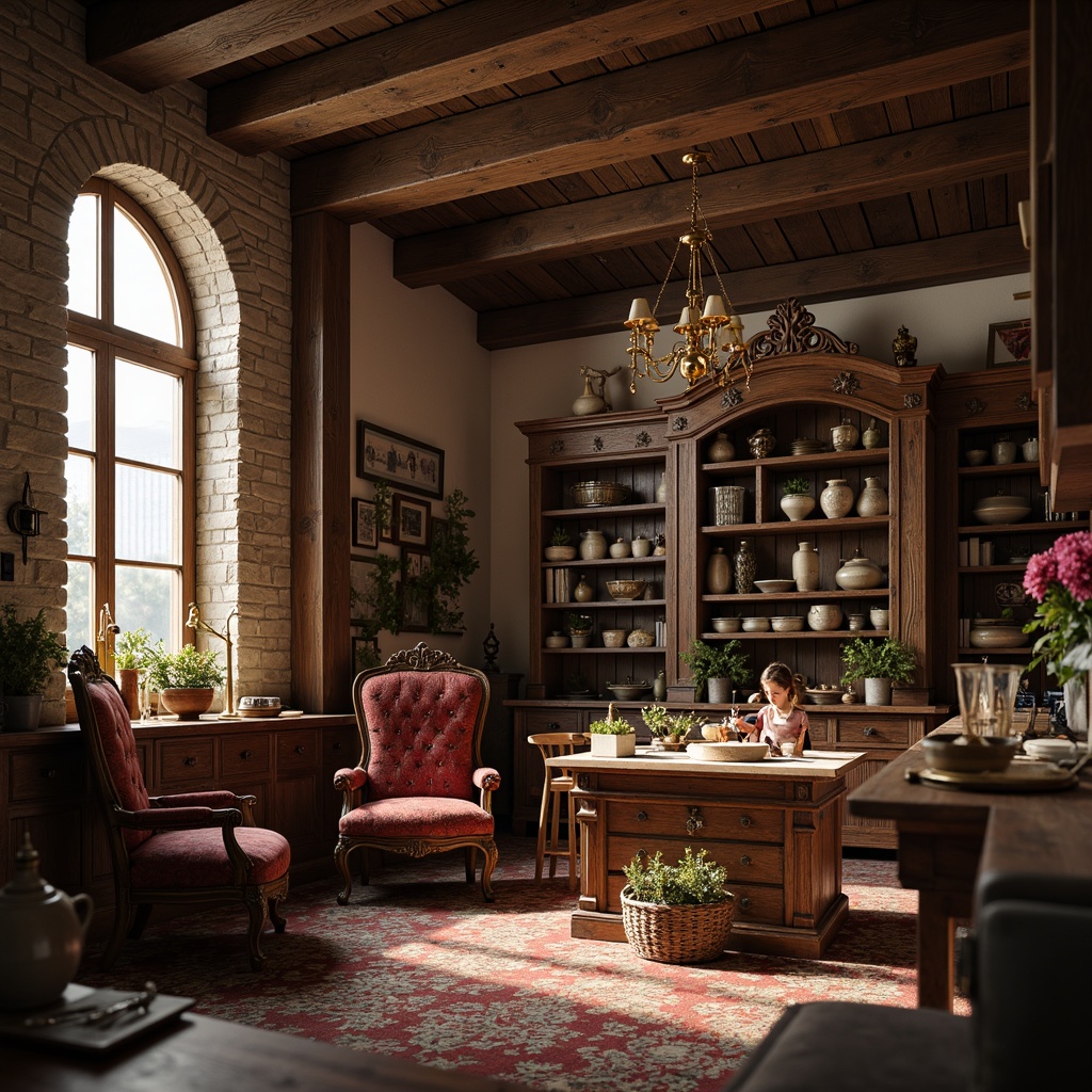 Prompt: Renaissance-style craft room, ornate wooden furniture, intricately carved details, luxurious velvet upholstery, rich walnut wood tones, golden metal accents, vintage crafting tools, antique decorative items, rustic stone walls, high ceilings, grand chandeliers, soft warm lighting, shallow depth of field, 1/1 composition, realistic textures, ambient occlusion.