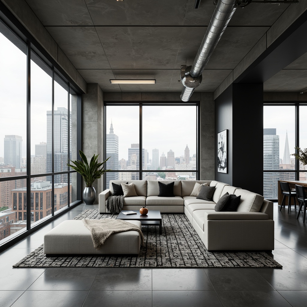 Prompt: Modern living room, sleek lines, minimalist decor, polished concrete floors, industrial chic exposed ductwork, floor-to-ceiling windows, natural light pouring in, urban city views, monochromatic color scheme, neutral tones, matte black accents, textured throw blankets, geometric patterned rugs, low-profile sectional sofas, metallic coffee tables, ambient soft lighting, 1/1 composition, shallow depth of field, realistic reflections.