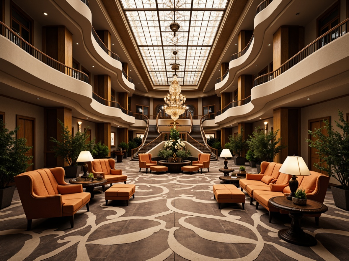 Prompt: Luxurious hotel lobby, ornate furnishings, sinuous lines, flowing curves, botanical patterns, stained glass ceilings, grand chandeliers, plush velvet sofas, polished wooden armchairs, intricate carvings, metalwork ornaments, soft warm lighting, shallow depth of field, 3/4 composition, panoramic view, realistic textures, ambient occlusion.