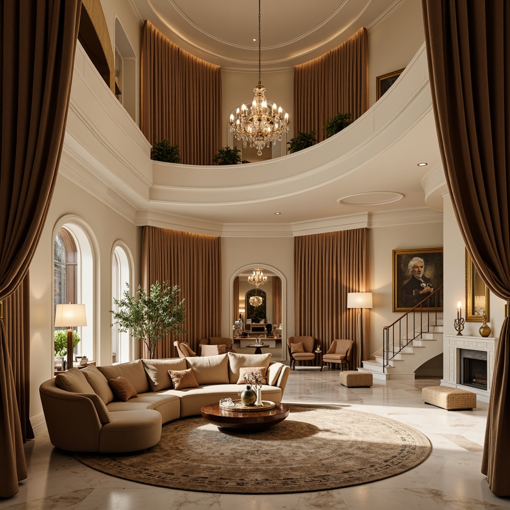 Prompt: Luxurious living room, curved sofas, rounded coffee tables, ornate mirrors, velvet drapes, soft warm lighting, plush carpets, elegant chandeliers, flowing staircases, sweeping archways, organic shapes, natural wood accents, creamy white marble, sophisticated color palette, minimalist decor, subtle textures, atmospheric ambiance, 1/2 composition, shallow depth of field, cinematic lighting.