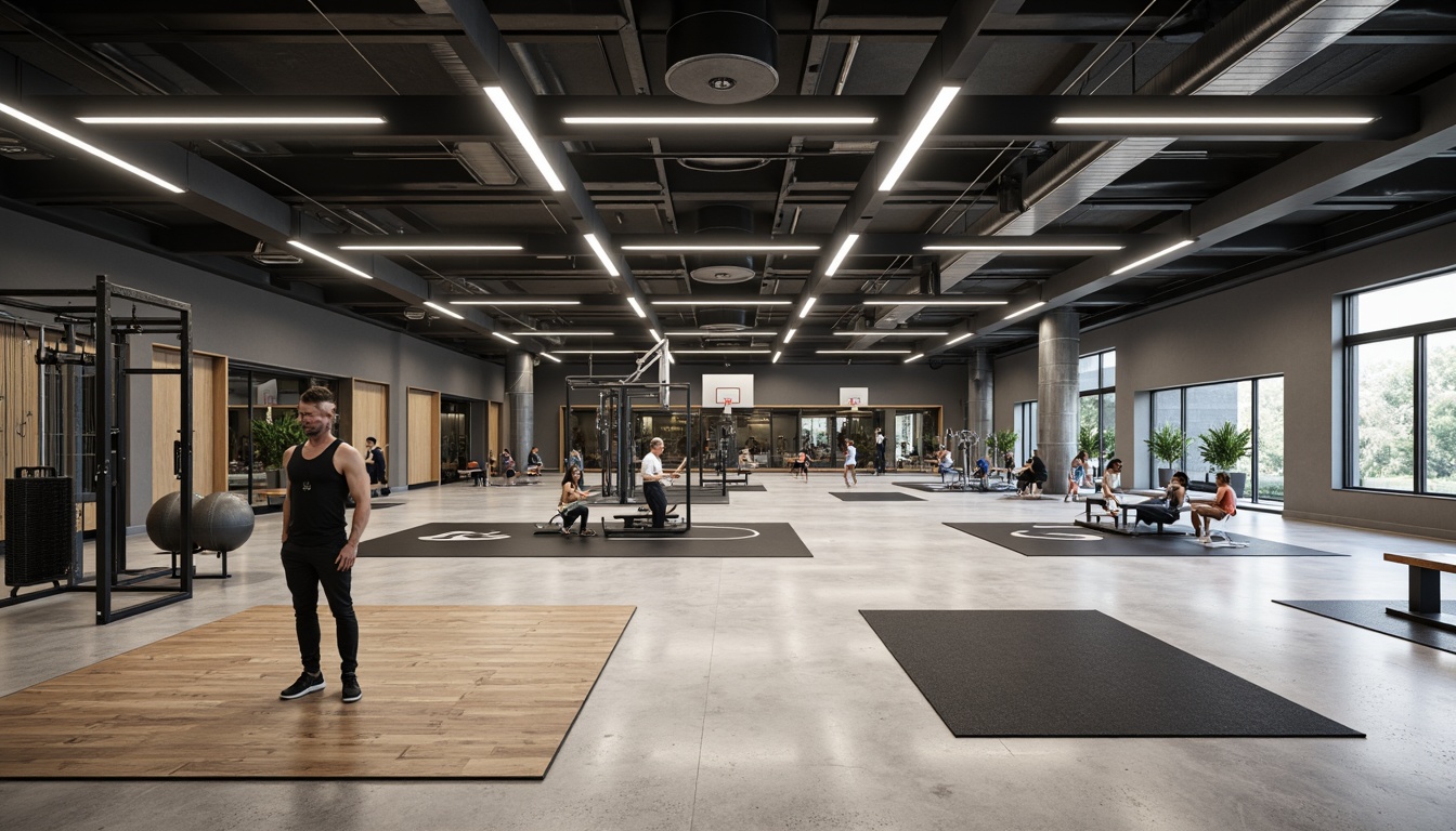 Prompt: Minimalist gym interior, industrial chic aesthetic, functional layout, open spaces, polished concrete floors, exposed ductwork, steel beams, modern LED lighting, mirrored walls, sleek equipment machines, rubber flooring, athletic tracks, basketball courts, climbing walls, storage rooms, simple color schemes, natural light, shallow depth of field, 1/1 composition, panoramic view, realistic textures, ambient occlusion.Let me know if you need any adjustments!