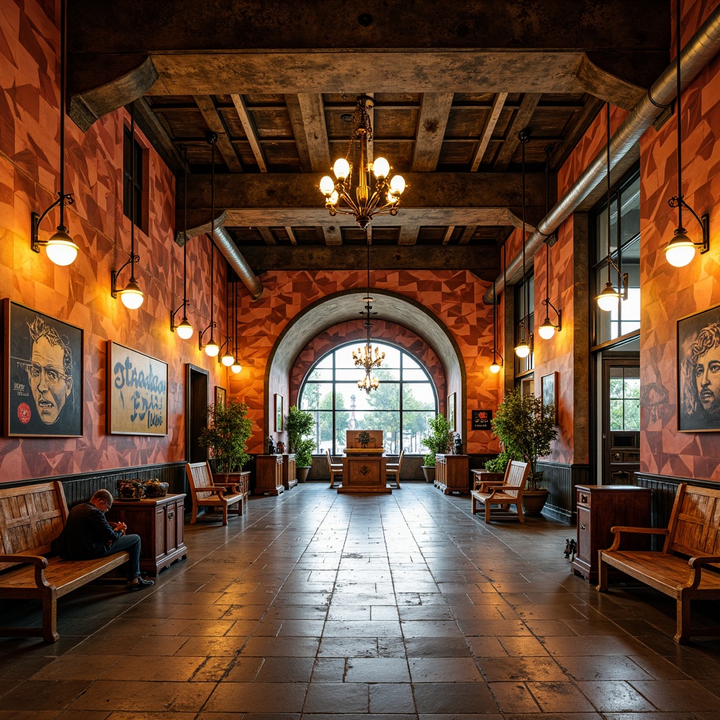 Prompt: Vibrant train station interior, eclectic expressionist style, richly textured walls, bold geometric patterns, distressed wood accents, industrial metal beams, exposed ductwork, reclaimed wooden benches, vintage luggage racks, ornate chandeliers, warm golden lighting, soft focus, shallow depth of field, 1/2 composition, dramatic shadows, ambient occlusion, rustic ceramic tiles, polished concrete floors, abstract graffiti murals, eclectic furniture pieces, retro-style signage, nostalgic color palette.