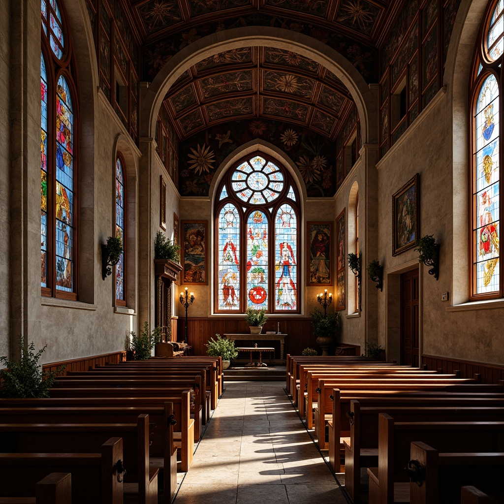 Prompt: Rustic church interior, stained glass windows, vibrant colors, ornate patterns, Gothic arches, stone walls, wooden pews, dim warm lighting, rich textures, detailed frescoes, intricate murals, sacred symbols, spiritual ambiance, nostalgic feel, soft natural light, shallow depth of field, 1/1 composition, realistic reflections, ambient occlusion.