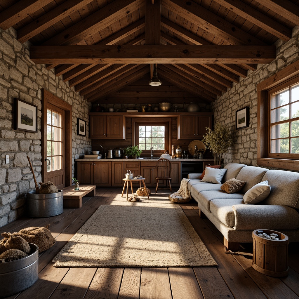 Prompt: Rustic cabin, wooden planks, exposed beams, stone walls, earthy tones, natural textures, reclaimed wood, distressed finishes, metal accents, vintage decor, warm candlelight, cozy atmosphere, plush furnishings, woven baskets, natural fabrics, earthy scents, soft shadows, 1/1 composition, realistic rendering, ambient occlusion.