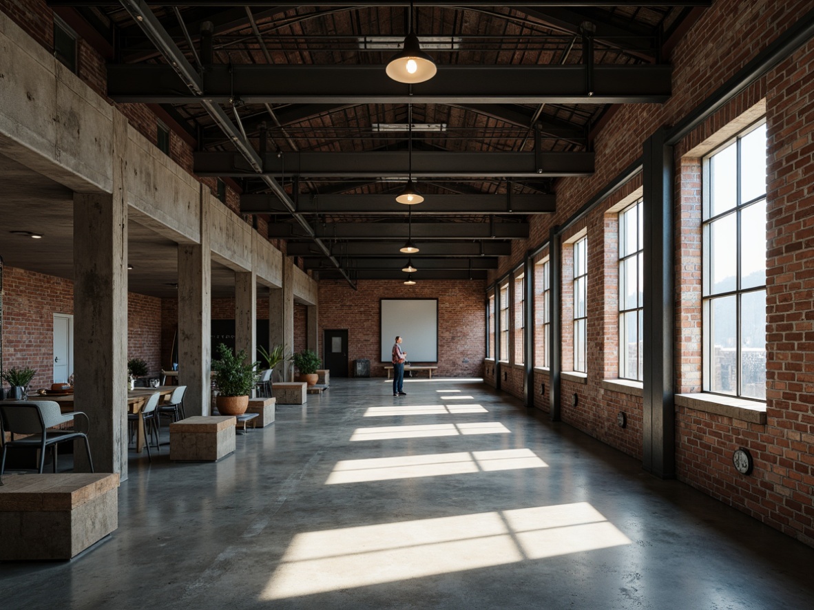 Prompt: Industrial warehouse, exposed brick walls, metal beams, concrete floors, functional lighting, neutral color palette, earthy tones, weathered wood accents, industrial chic aesthetic, muted colors, grey tones, blue undertones, rusty red hues, distressed textures, urban feel, raw industrial look, dramatic shadows, high contrast lighting, cinematic ambiance.