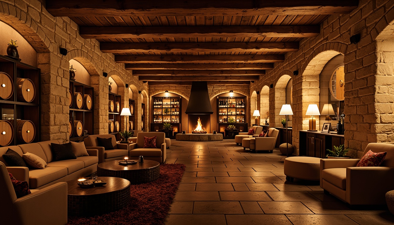 Prompt: Warm wine cellar ambiance, rustic stone walls, wooden barrels, dimmed warm lighting, soft candlelight, rich wood tones, comfortable seating areas, intimate gathering spaces, vintage wine displays, earthy color palette, warm beige tones, cozy corner nooks, subtle shadows, dramatic spotlights, ambient floor lamps, table lamps with warm shades, relaxed atmosphere, rustic metal accents, natural stone floors, wooden ceiling beams, soft background music, warm fireplace, plush area rugs.