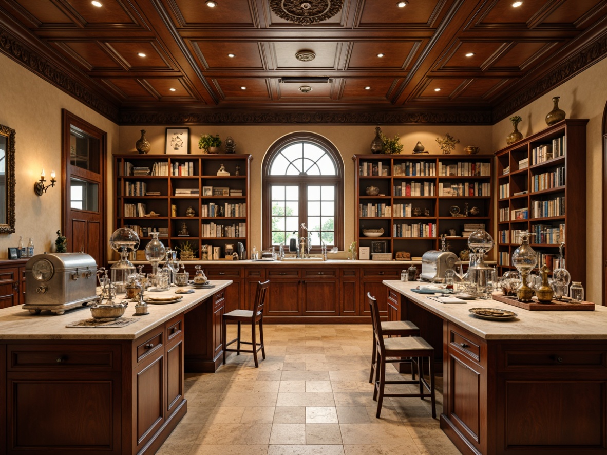 Prompt: Majestic laboratory, rich wood tones, warm beige walls, elegant stone countertops, polished metal equipment, sophisticated glassware, vintage scientific instruments, leather-bound books, classic wooden shelves, ornate ceiling details, soft warm lighting, shallow depth of field, 1/1 composition, realistic textures, ambient occlusion.