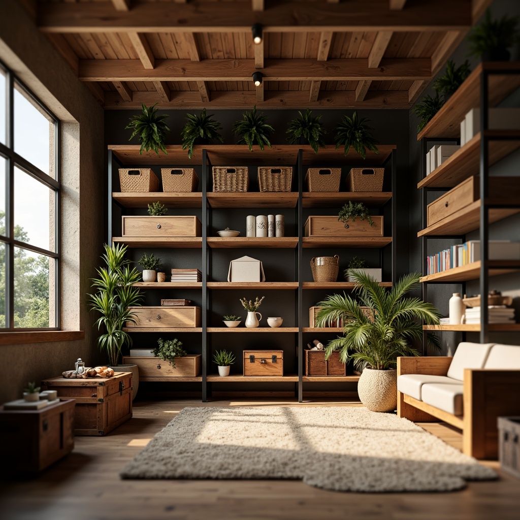 Prompt: Cozy storage room, wooden shelves, metal racks, woven baskets, vintage trunks, soft warm lighting, earthy color palette, rustic wood accents, industrial metal frames, comfortable seating areas, plush area rugs, calm atmosphere, shallow depth of field, 1/1 composition, realistic textures, ambient occlusion.