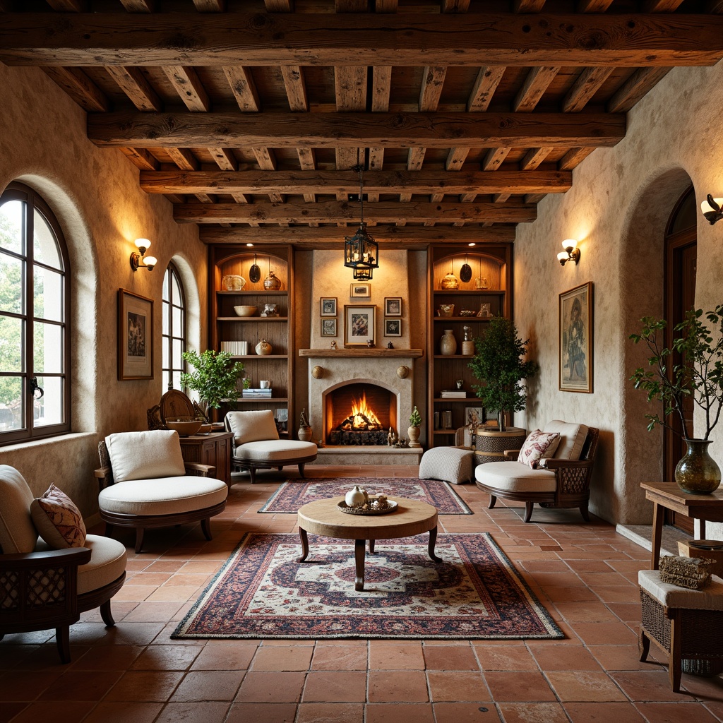 Prompt: Warm Mediterranean basement, exposed wooden beams, rustic stone walls, earthy tones, cozy atmosphere, soft warm lighting, plush area rugs, comfortable seating areas, built-in shelving, natural materials, organic textures, curved lines, arched windows, ornate metalwork, terracotta flooring, distressed wood accents, vintage decorative items, warm color palette, intimate ambiance, 3/4 composition, shallow depth of field, realistic rendering.