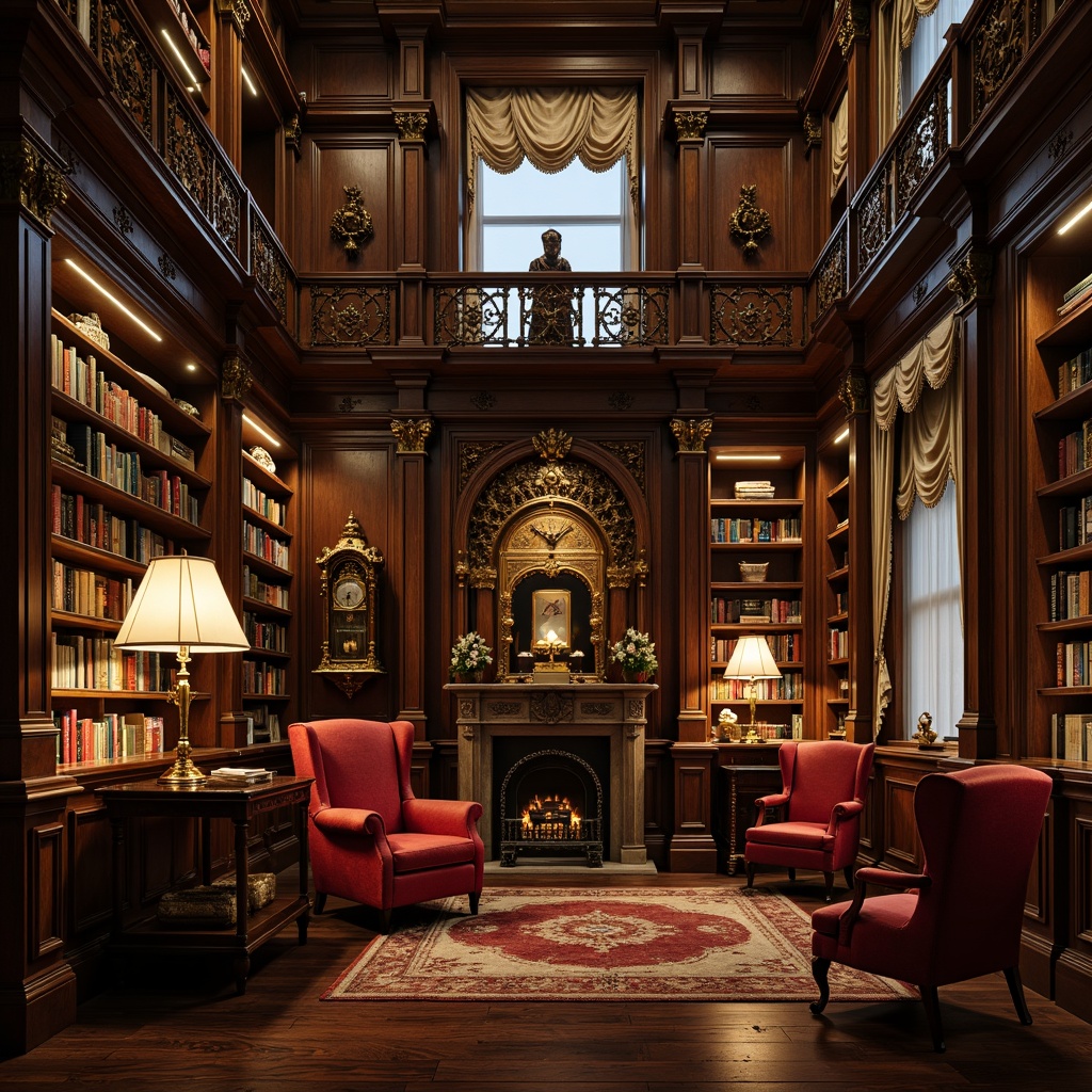 Prompt: Richly ornamented bookshelves, intricately carved wooden paneling, plush velvet armchairs, ornate bronze lamp fixtures, vintage leather-bound tomes, warm golden lighting, dark hardwood floors, luxurious drapery, majestic high ceilings, classic Victorian architectural details, distressed wood accents, elegant reading nooks, stately grandfather clocks, sophisticated neutral color palette, 1/1 composition, dramatic chiaroscuro, realistic wood textures, ambient atmospheric effects.