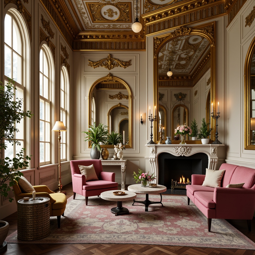 Prompt: Lavish golden frames, intricately carved wooden panels, ornate mirrors, plush velvet upholstery, soft pastel hues, delicate floral patterns, curved lines, scalloped edges, gilded accents, crystal chandeliers, marble fireplaces, opulent furnishings, richly textured fabrics, intricate moldings, subtle sheen, warm candlelight, shallow depth of field, 1/2 composition, intimate atmosphere, realistic reflections, ambient occlusion.