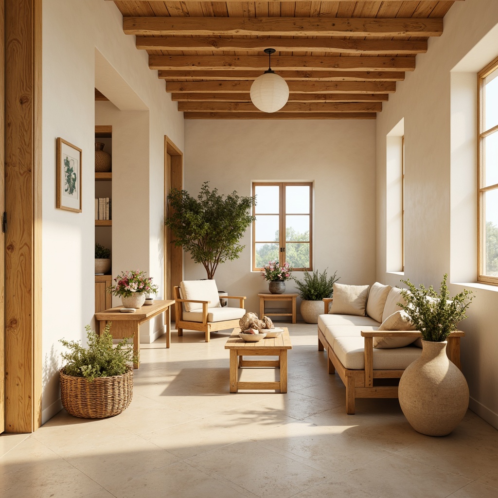 Prompt: Soft creamy walls, warm beige floors, light yellow accents, subtle golden trim, gentle orange undertones, calming ivory ceilings, rustic wooden furniture, natural linen fabrics, delicate paper lanterns, warm sunny days, shallow depth of field, soft focus, 3/4 composition, vibrant flower arrangements, earthy terracotta pots, woven rattan baskets.