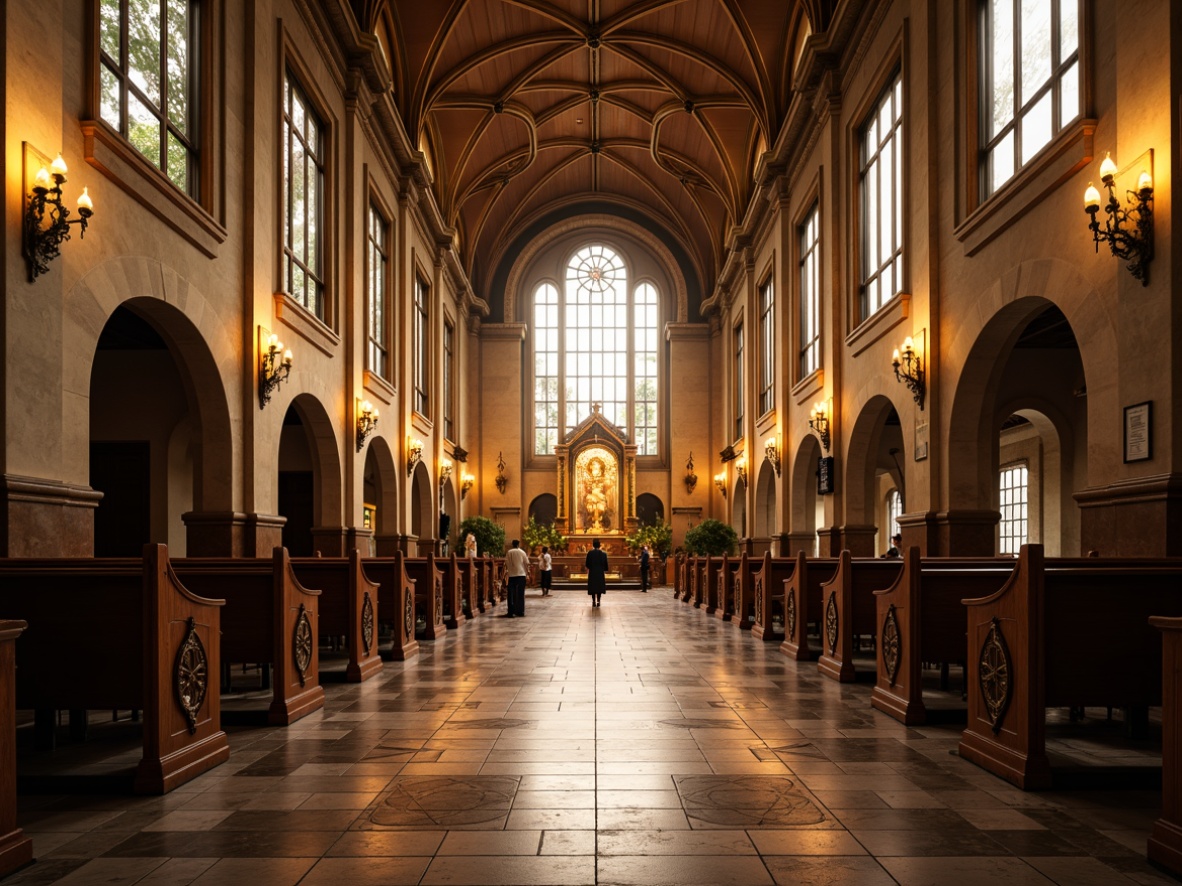 Prompt: Sacred worship space, intricate stone inlays, polished marble floors, ornate wooden pews, stained glass windows, vaulted ceilings, grandiose chandeliers, reverent ambiance, warm golden lighting, shallow depth of field, 1/2 composition, realistic textures, ambient occlusion.