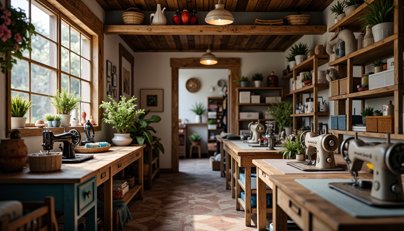 Prompt: Whimsical craft room, vintage sewing machines, distressed wooden tables, ornate metal lanterns, colorful woven baskets, eclectic fabric collections, rustic wooden shelves, decorative paper flowers, soft warm lighting, shallow depth of field, 3/4 composition, realistic textures, ambient occlusion.