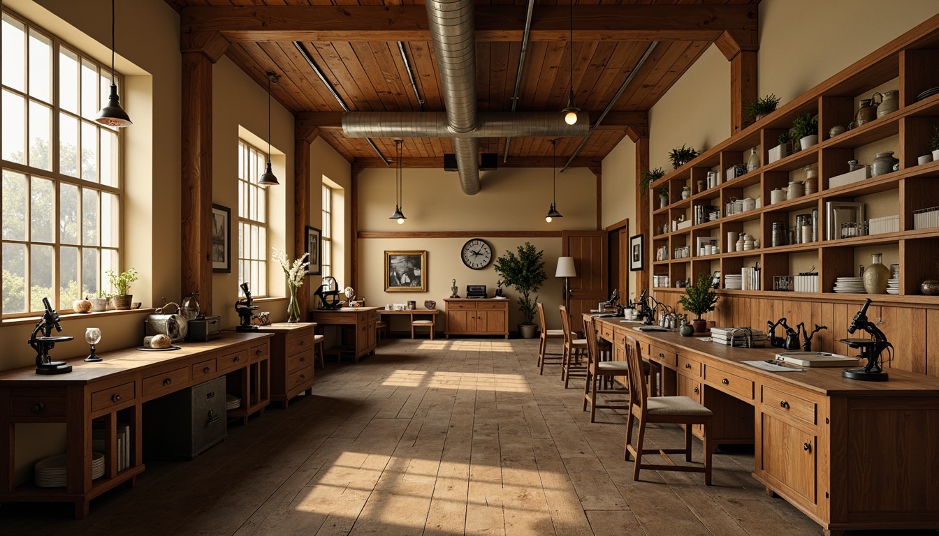 Prompt: Classic laboratory setting, warm beige walls, wooden cabinets, metal shelving units, antique scientific equipment, vintage microscopes, distressed wood flooring, industrial-style lighting fixtures, metal shades, Edison bulbs, exposed ductwork, minimalist decor, soft warm glow, high contrast ratio, 1/1 composition, realistic textures, subtle ambient occlusion.