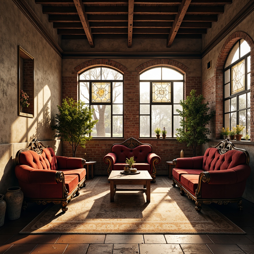 Prompt: Industrial warehouse interior, exposed brick walls, metal beams, reclaimed wood floors, ornate Art Nouveau furniture, curved lines, flowing organic shapes, luxurious velvet upholstery, bronze hardware, stained glass windows, natural light pouring in, dramatic shadows, warm golden lighting, 1/2 composition, shallow depth of field, realistic textures, ambient occlusion.