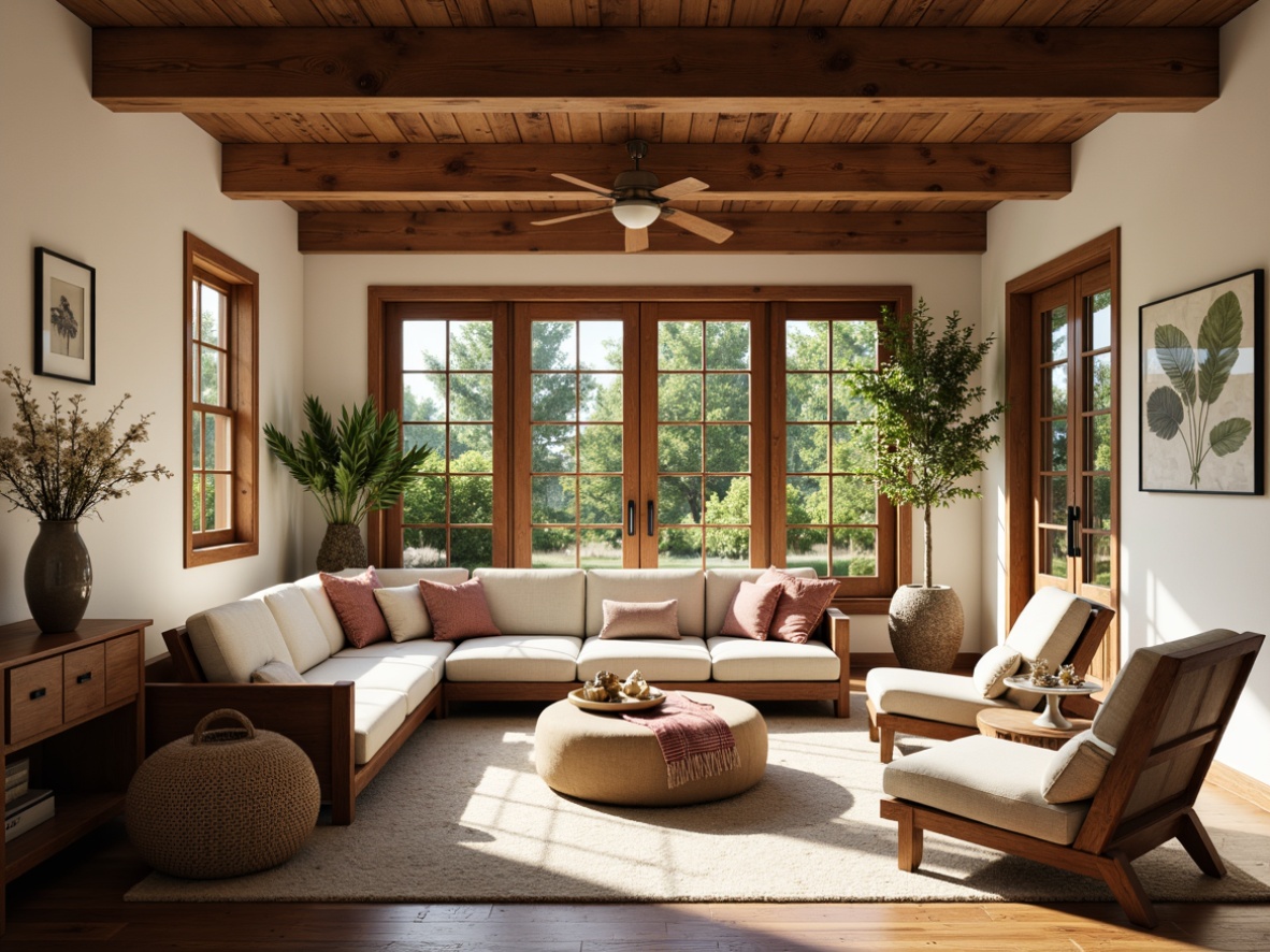 Prompt: Cozy craftsman interior, wooden beams, large windows, stained glass doors, earthy tone color palette, natural textiles, woven baskets, handmade ceramics, rustic wood furniture, plush throw blankets, soft warm lighting, ambient occlusion, shallow depth of field, 3/4 composition, warm neutral tones, creamy whites, weathered wood accents, organic shapes, botanical patterns, nature-inspired artwork, blooming plants, sunny day, gentle shadows.