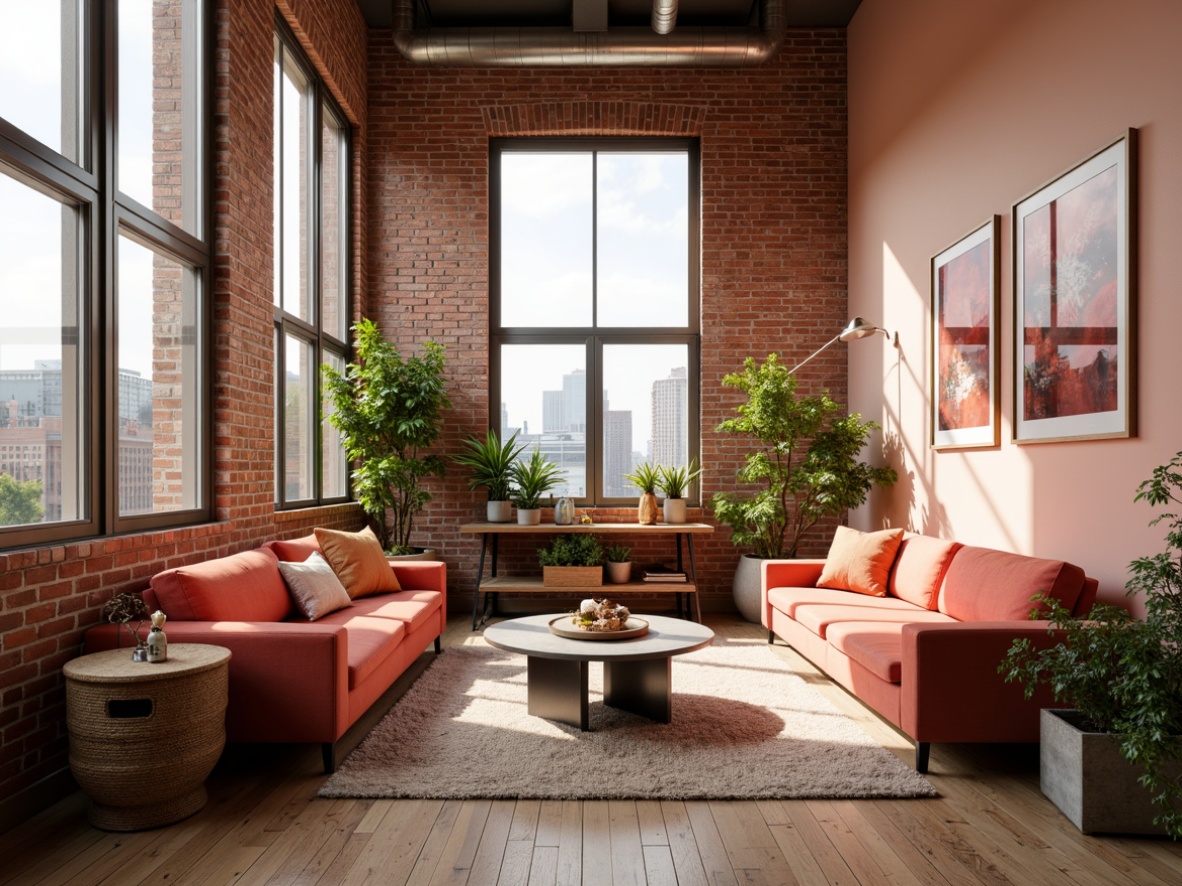 Prompt: Cozy loft interior, embracing peach color scheme, soft warm lighting, exposed brick walls, wooden floorboards, plush area rugs, comfortable sectional sofas, vibrant peach accent pillows, minimalist metal coffee tables, lush greenery, potted plants, natural textiles, woven baskets, earthy ceramics, industrial-chic decor, urban loft atmosphere, airy open space, high ceilings, large windows, cityscape views, realistic textures, ambient occlusion.