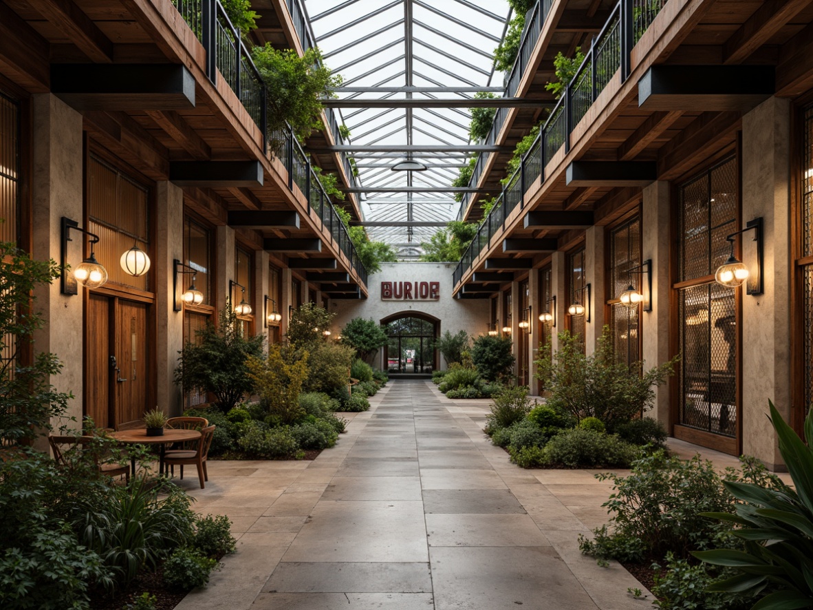 Prompt: Wildlife-inspired industrial lighting, metal cages, rustic wooden accents, earthy tone color palette, natural stone flooring, reclaimed wood walls, distressed metal signage, animal enclosures, misting systems, tropical plants, overhead skylights, warm soft lighting, shallow depth of field, 3/4 composition, panoramic view, realistic textures, ambient occlusion.