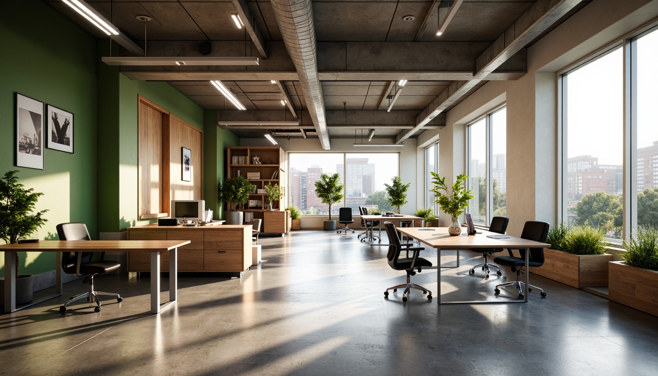 Prompt: Modern office space, open floor plan, collaborative workstations, ergonomic chairs, minimalist desks, sleek metal legs, industrial-style lighting, polished concrete floors, functional storage units, modular furniture, acoustic panels, calming green walls, natural light pouring in, soft warm ambiance, shallow depth of field, 3/4 composition, realistic textures, ambient occlusion.