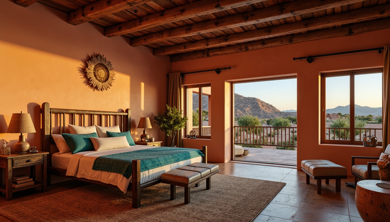 Prompt: Southwestern-style bedroom, warm adobe walls, rustic wood furniture, vibrant turquoise accents, plush woven textiles, natural fiber rugs, earthy terracotta floors, distressed wooden beams, soft warm lighting, table lamps with woven shades, floor lamps with ceramic bases, string lights with mini lanterns, LED candles, ambient glow, cozy reading nooks, panoramic views of desert landscapes, serene sunset scenes, gentle breeze, warm color palette, eclectic decorative accents.