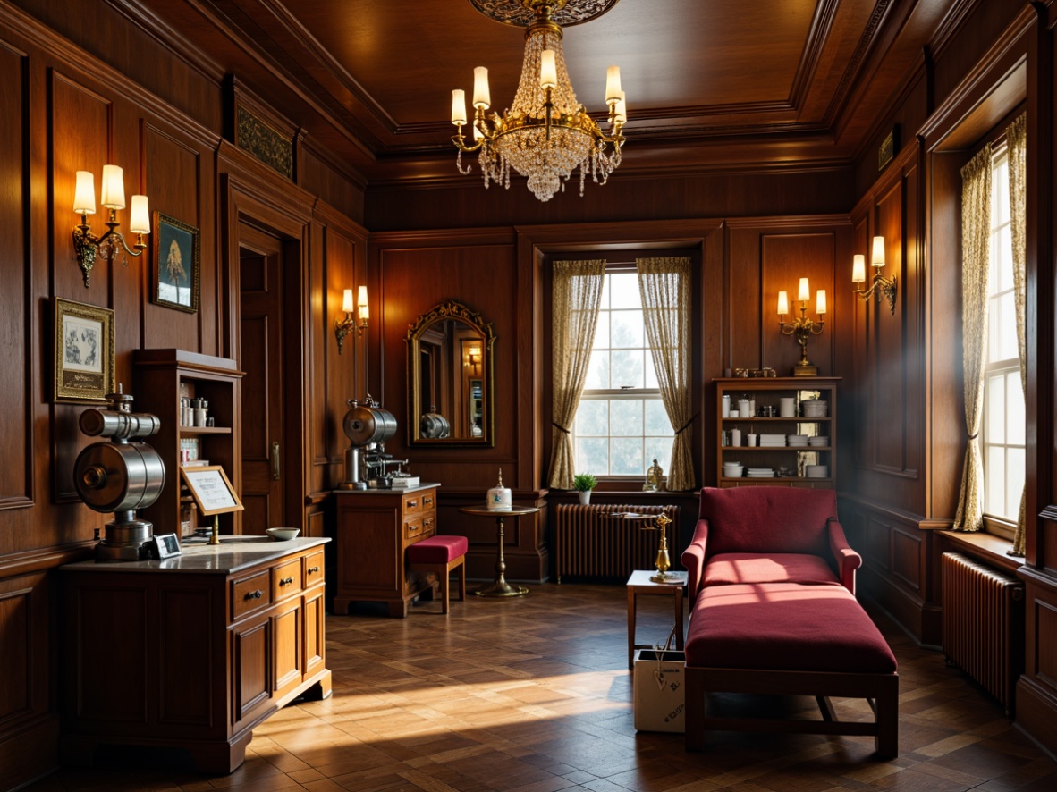 Prompt: Ornate clinic interior, rich wood tones, plush velvet furnishings, antique medical equipment, vintage apothecary cabinets, intricate moldings, crystal chandeliers, ornate sconces, frosted glass shades, bronze fixtures, warm golden lighting, soft ambient glow, 1/2 composition, shallow depth of field, realistic textures, subtle lens flares.