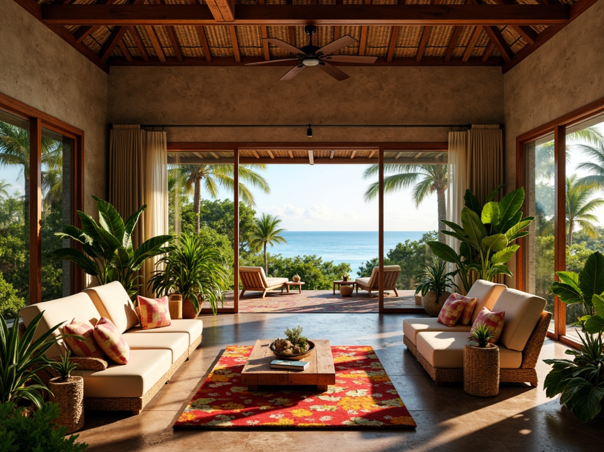 Prompt: Vibrant tropical interior, warm natural light, wooden accents, rattan furniture, lush greenery, exotic plants, colorful textiles, woven bamboo ceilings, rustic stone walls, large windows, sliding glass doors, ocean views, sunny day, soft warm lighting, shallow depth of field, 3/4 composition, panoramic view, realistic textures, ambient occlusion.Let me know if this meets your requirements!