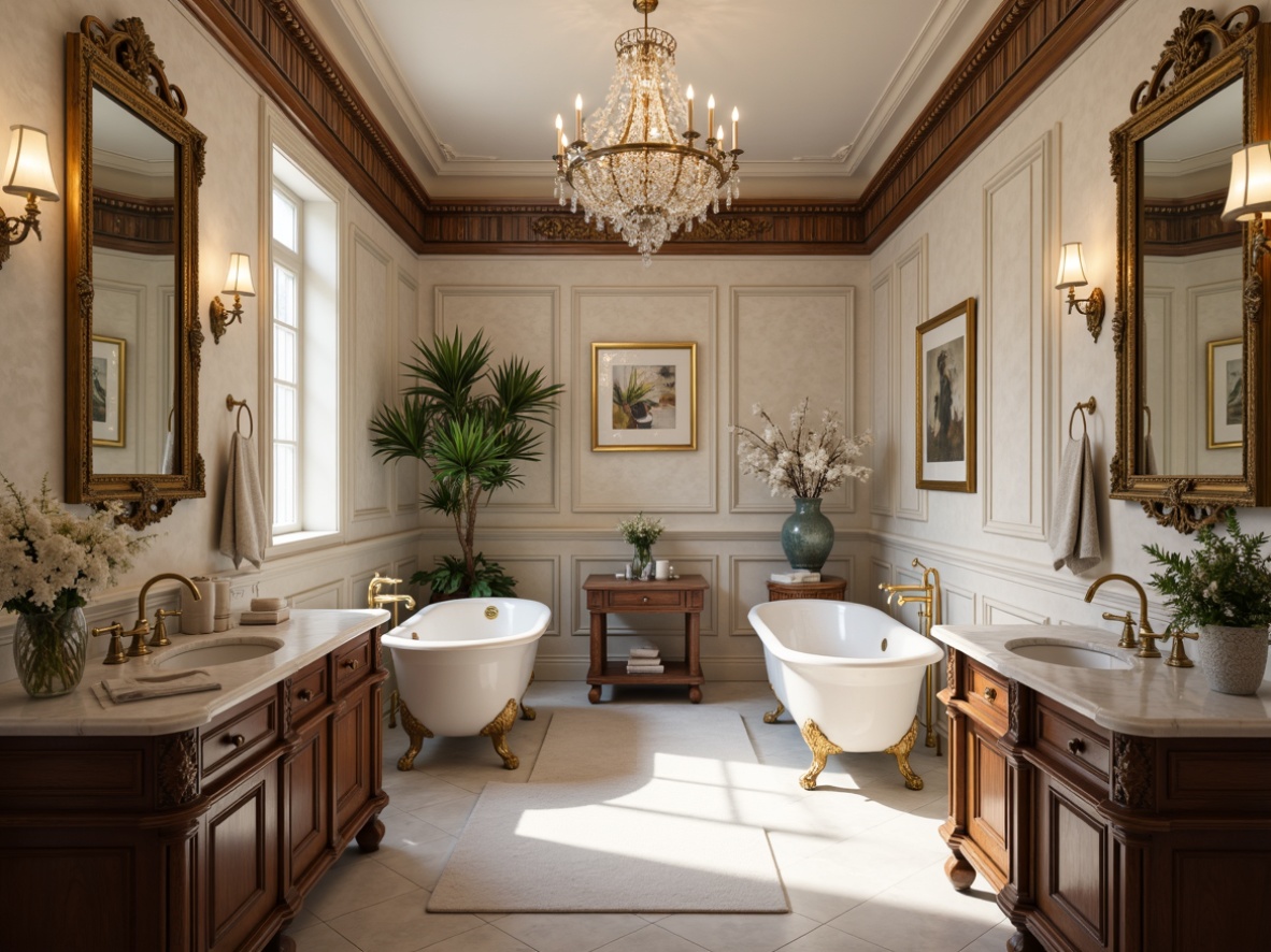 Prompt: Elegant bathroom, ornate mirror frames, classic freestanding tubs, Victorian-inspired faucets, marble countertops, white ceramic sinks, gold-plated fixtures, crystal chandeliers, soft warm lighting, shallow depth of field, 1/1 composition, realistic textures, ambient occlusion, rich wood cabinetry, intricately carved moldings, neutral color palette, subtle patterns, ornate metalwork, decorative cornices.