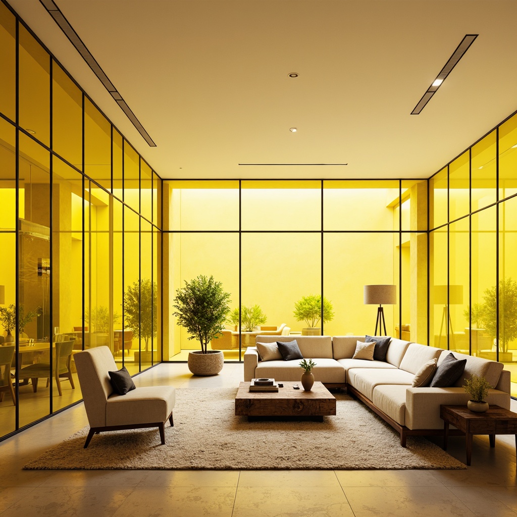 Prompt: Vibrant light yellow glass accents, modern interior design, sleek minimalist decor, subtle color pops, warm sunny atmosphere, cozy living room, comfortable seating area, rustic wooden coffee table, plush cream-colored sofa, soft beige carpeting, floor-to-ceiling windows, natural daylight, airy open space, 1/1 composition, shallow depth of field, realistic glass textures.