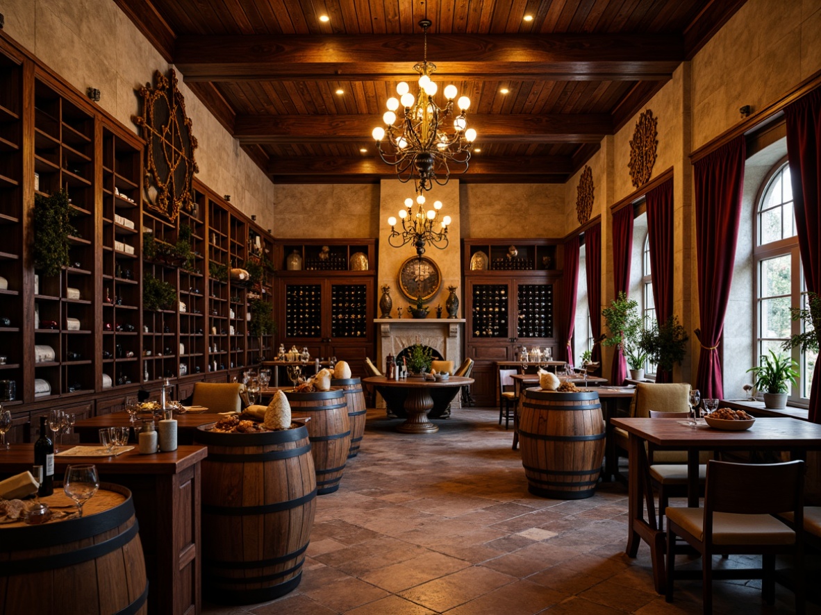 Prompt: Elegant wine cellar, rustic wooden racks, ornate metalwork, dimly lit ambiance, rich mahogany tones, vintage wine barrels, intricate stone carvings, grand chandeliers, luxurious velvet drapes, warm golden lighting, 1/1 composition, shallow depth of field, realistic wood textures, ambient occlusion.