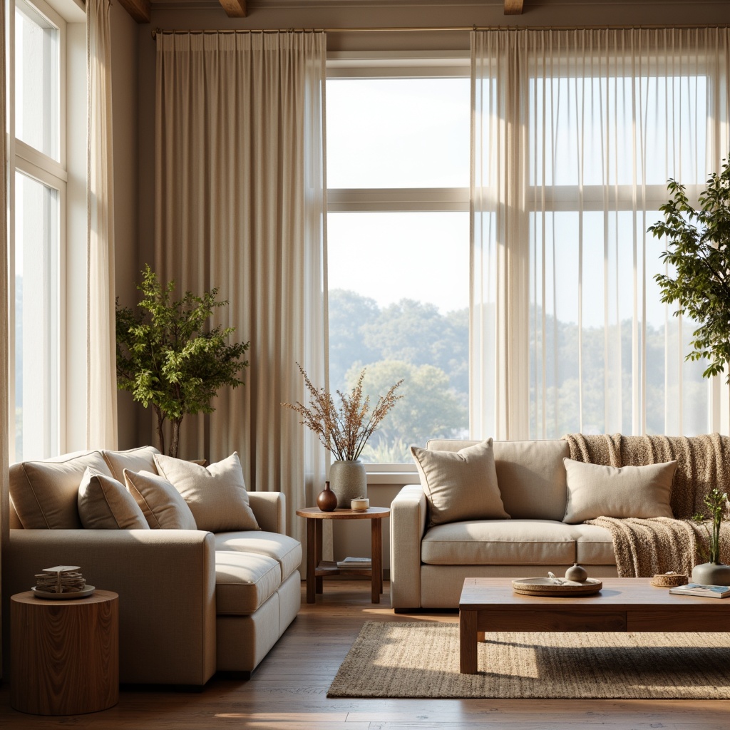 Prompt: Cozy living room, plush velvet sofas, soft cotton throw pillows, woven woolen blankets, natural linen fabrics, warm beige colors, minimalist decor, floor-to-ceiling windows, abundant natural light, sheer curtains, wooden flooring, modern furniture design, comfortable seating arrangements, intimate atmosphere, relaxing ambiance, subtle texture variations, 1/1 composition, softbox lighting, realistic fabric renderings.