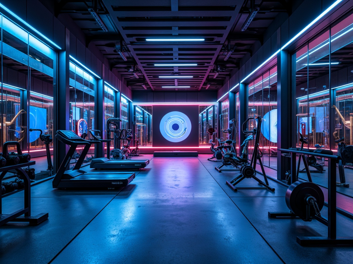 Prompt: Futuristic home gym, neon-lit interior, high-tech equipment, metallic frames, mirrored walls, rubber flooring, weightlifting machines, treadmill, exercise bikes, kettlebells, dumbbells, resistance bands, jump ropes, medicine balls, modern architecture, minimalist design, angular lines, LED lighting, ambient occlusion, shallow depth of field, 3/4 composition, panoramic view, realistic textures.