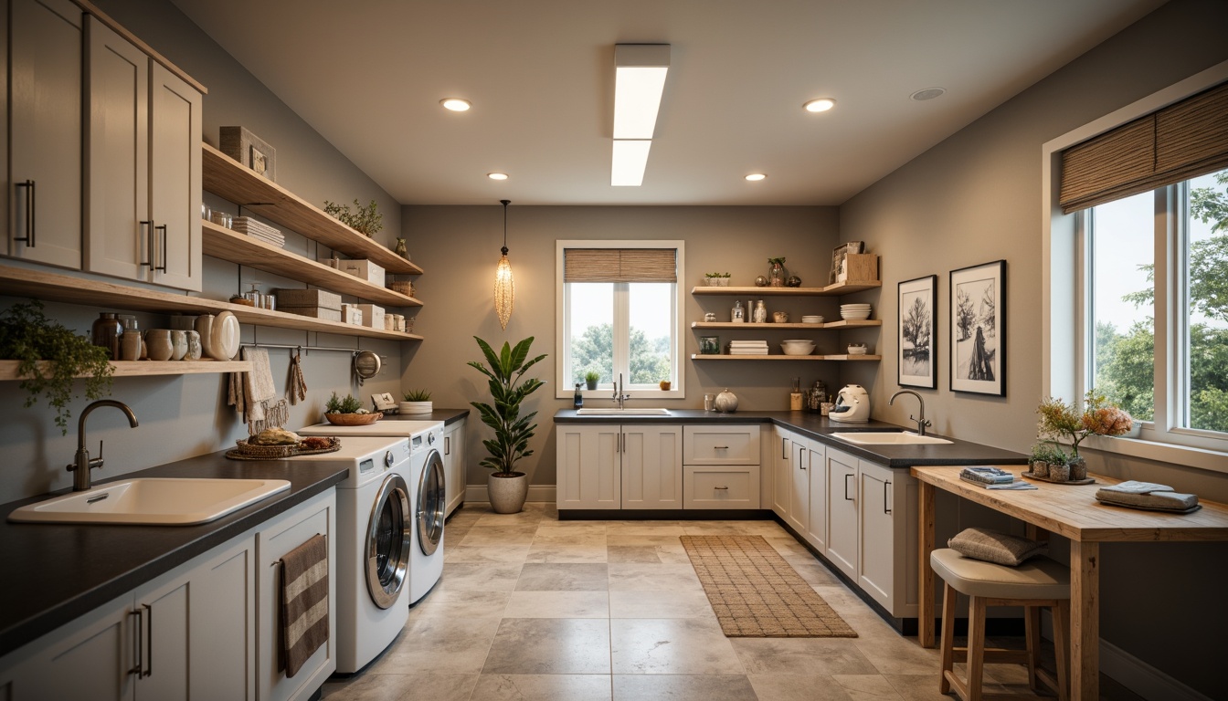 Prompt: Compact laundry room, modern appliances, sleek countertops, ample storage cabinets, built-in shelving units, folding tables, ironing boards, hanging rods, natural stone flooring, soft warm lighting, shallow depth of field, 3/4 composition, realistic textures, ambient occlusion, clean lines, minimal decor, functional layout, efficient workflow.