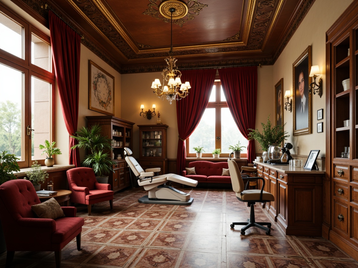 Prompt: Richly ornamented dental clinic, warm beige walls, luxurious dark wood accents, intricately patterned floor tiles, antique brass fixtures, ornate chandeliers, plush velvet drapes, rich jewel-toned upholstery, elegant crown molding, vintage apothecary-style cabinets, soft warm lighting, shallow depth of field, 1/1 composition, realistic textures, ambient occlusion.