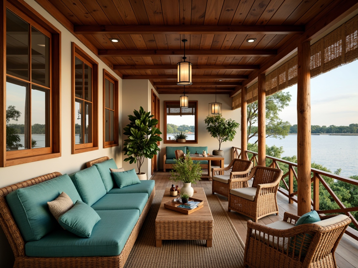 Prompt: Cozy boathouse interior, warm wood accents, natural textures, woven rattan furniture, soft cushions, vibrant turquoise hues, calming beige tones, rich brown woods, subtle gold hardware, intricate Asian-inspired patterns, delicate paper lanterns, lush greenery, serene water views, morning sunlight, gentle warm lighting, shallow depth of field, 1/2 composition, realistic reflections, ambient occlusion.