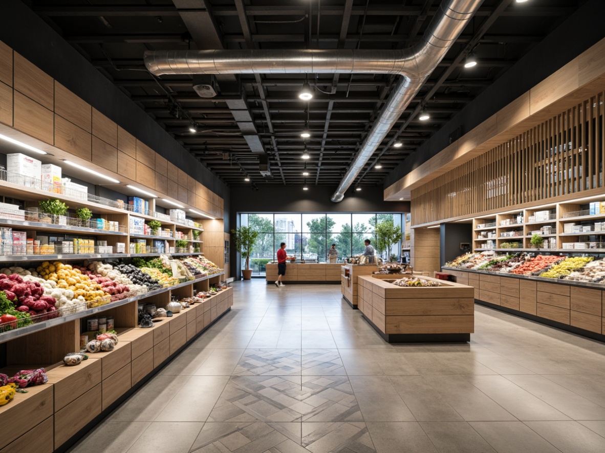 Prompt: Modern grocery store interior, sleek streamline design, polished concrete floors, minimalist shelving units, stainless steel refrigeration systems, LED lighting strips, natural wood accents, open ceiling with exposed ductwork, industrial-chic decorative elements, geometric patterned floor tiles, neutral color palette, abundant natural light, 1/1 composition, shallow depth of field, realistic reflections, ambient occlusion.