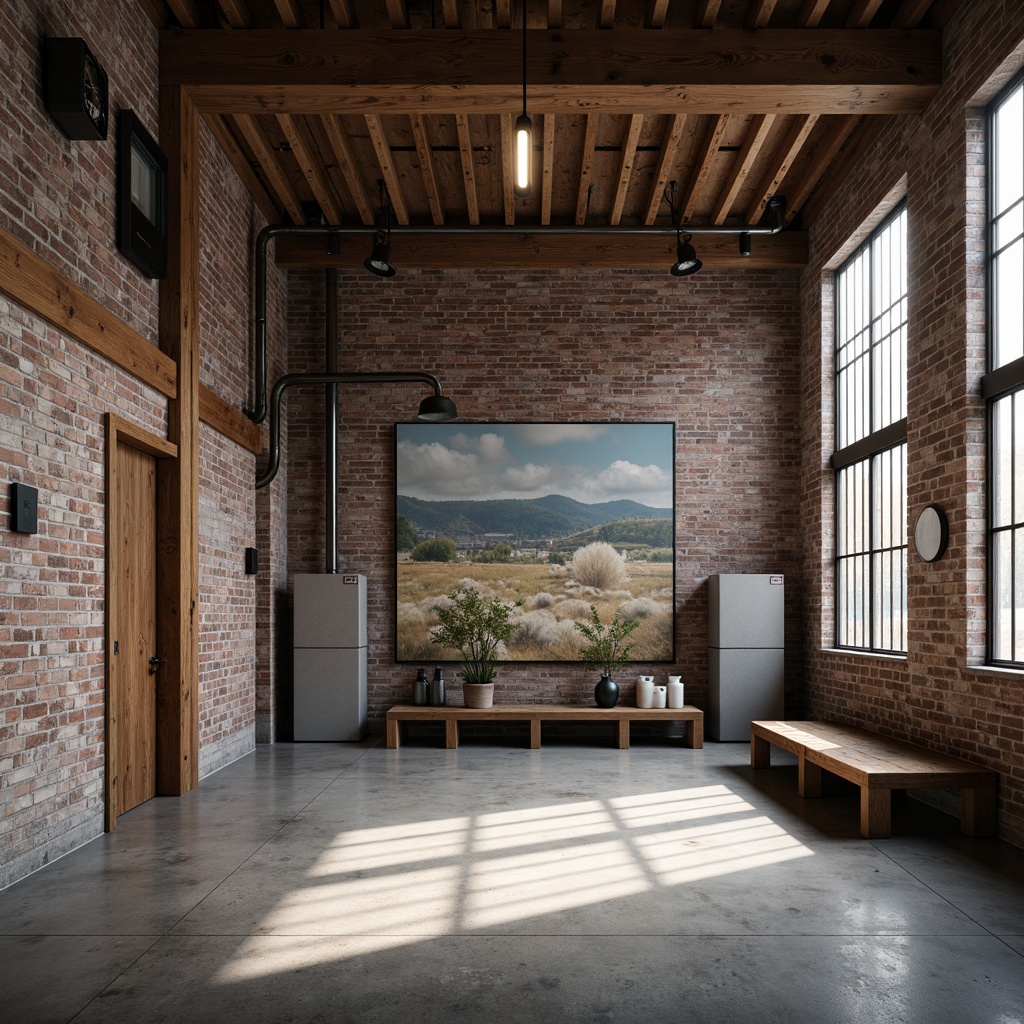 Prompt: Rustic industrial interior, exposed wooden beams, distressed brick walls, polished concrete floors, metal piping, reclaimed wood accents, vintage factory windows, urban loft atmosphere, high ceilings, minimalist decor, functional lighting fixtures, modern industrial chic, neutral color palette, subtle texture contrasts, atmospheric shadows, 1/1 composition, softbox lighting, cinematic mood.