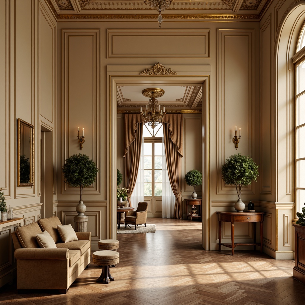 Prompt: Elegant interior space, classicism style, warm beige walls, rich walnut wood flooring, ornate golden moldings, cream-colored marble countertops, soft velvet upholstery, luxurious silk fabrics, subtle sheen, refined proportions, symmetrical composition, harmonious color balance, muted earth tones, weathered stone accents, distressed leather textures, vintage antique furniture, subtle pattern overlays, warm candlelight, gentle shadows, shallow depth of field, 1/2 composition, realistic rendering.