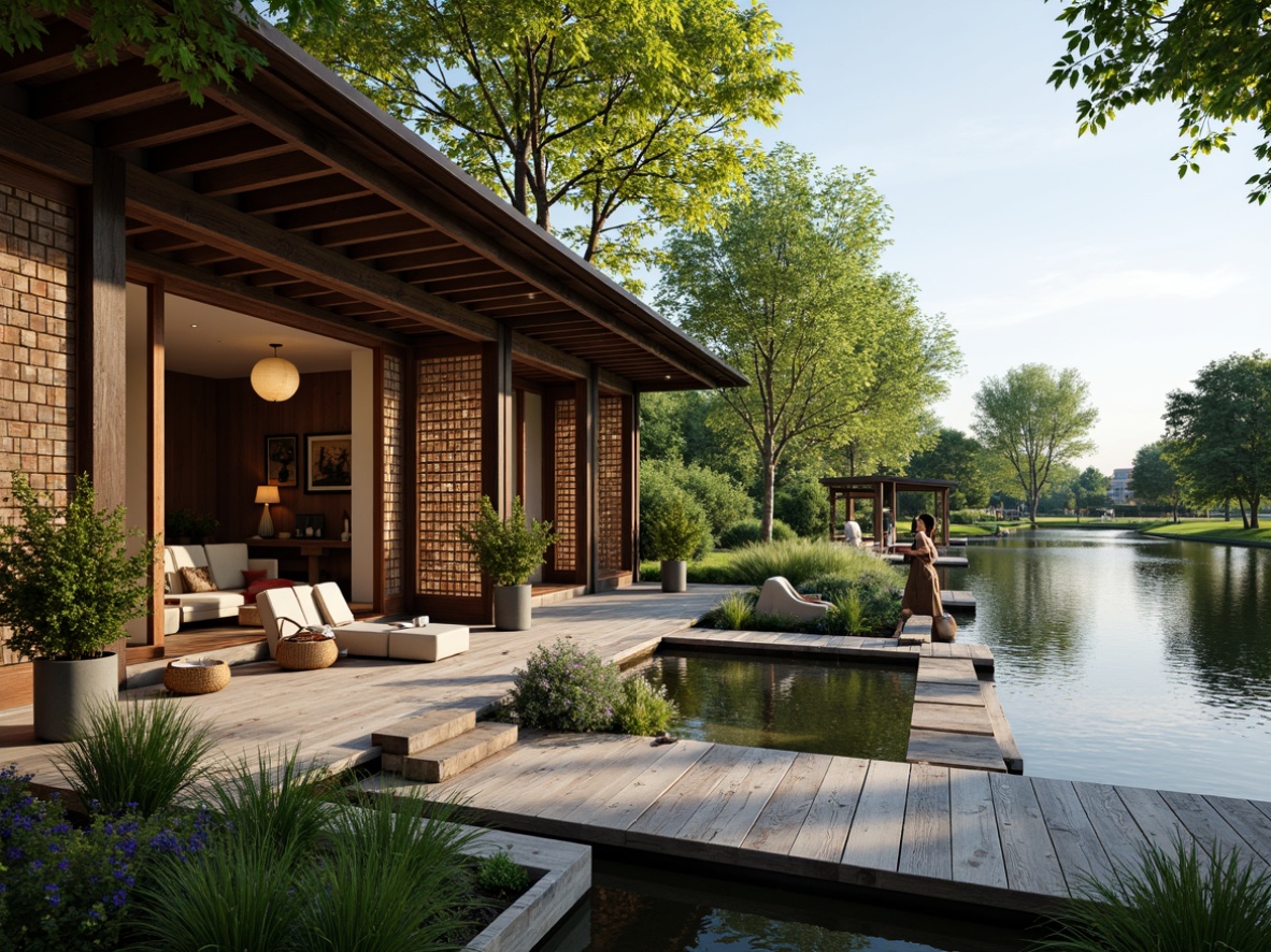 Prompt: Serene open space, tranquil lake, wooden boathouse, Asian-inspired interiors, natural materials, reclaimed wood accents, sliding shoji screens, paper lanterns, woven bamboo furniture, vibrant greenery, lush plants, water features, koi pond, stone pathways, rustic wooden docks, warm soft lighting, cozy atmosphere, 1/2 composition, intimate view, realistic textures, ambient occlusion.