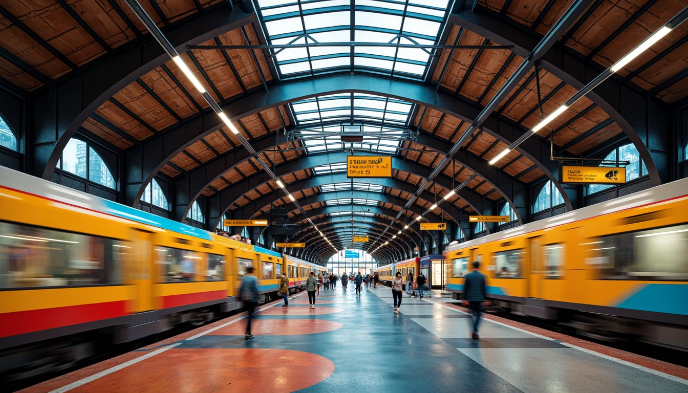 Prompt: Vibrant train station interior, expressionist architecture, curved lines, bold shapes, bright colors, industrial materials, exposed ductwork, metal beams, polished concrete floors, neon signs, futuristic lighting fixtures, dynamic patterns, urban atmosphere, bustling energy, warm ambient glow, shallow depth of field, 1/2 composition, realistic textures, ambient occlusion.