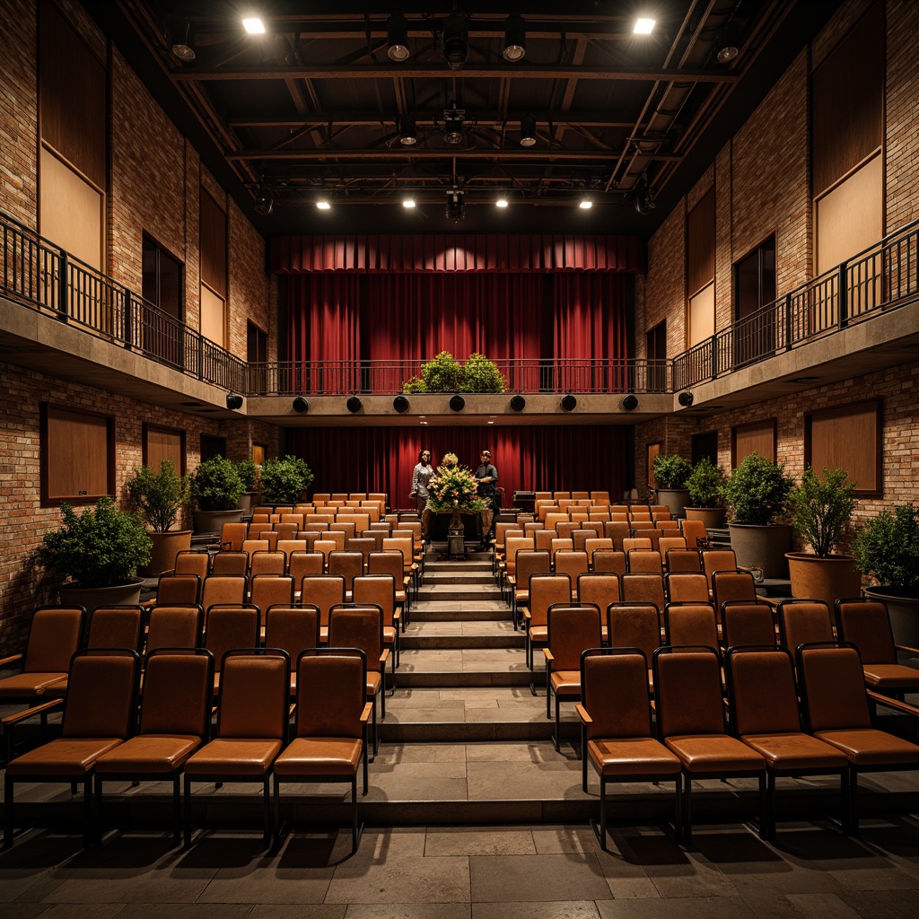 Prompt: Industrial-chic theater interior, exposed brick walls, metal beams, reclaimed wood accents, vintage spotlights, distressed leather seats, rustic steel chairs, wooden benches, ornate metal railings, velvet curtains, dim warm lighting, dramatic shadows, 1/2 composition, low-angle shot, cinematic atmosphere, realistic textures, ambient occlusion.