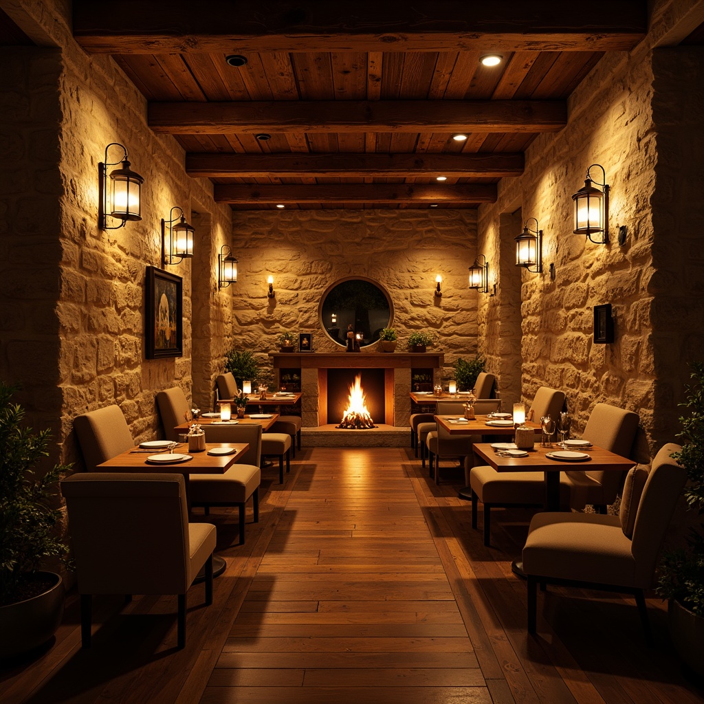 Prompt: Warm ambiance, soft glow lighting, rustic wooden accents, vintage metal lanterns, dimmable overhead lights, warm white color temperature, cozy corner booths, plush cushions, rich wood tones, stone walls, intimate table settings, candles on tables, warm fireplace, crackling fire sounds, aromatic scents, warm beige colors, textured fabrics, soft background music, relaxing atmosphere, 1/2 composition, shallow depth of field, warm golden lighting, inviting entrance.