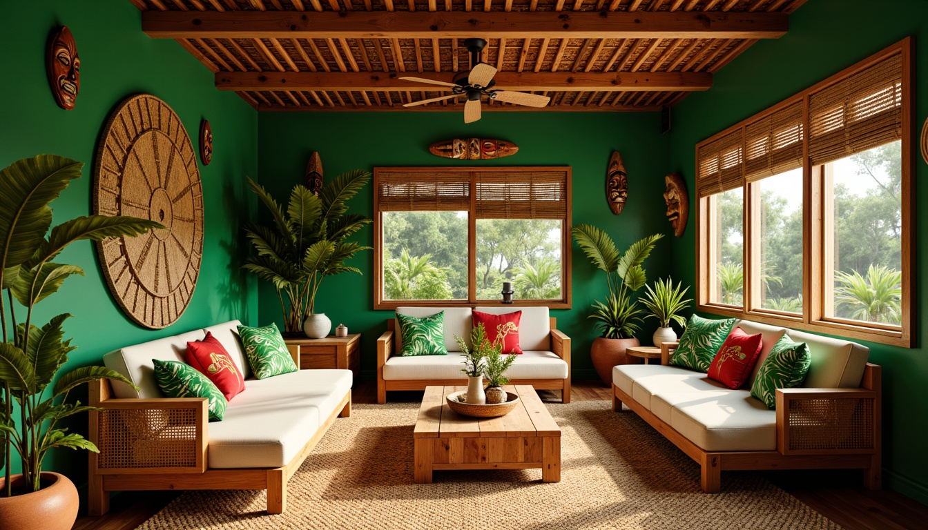 Prompt: Vibrant tropical interior, lush green walls, exotic wood accents, woven rattan furniture, plush palm-printed cushions, natural jute rugs, woven bamboo ceiling fans, earthy terracotta pots, colorful tiki masks, intricate tribal patterns, warm golden lighting, shallow depth of field, 1/1 composition, realistic textures, ambient occlusion.