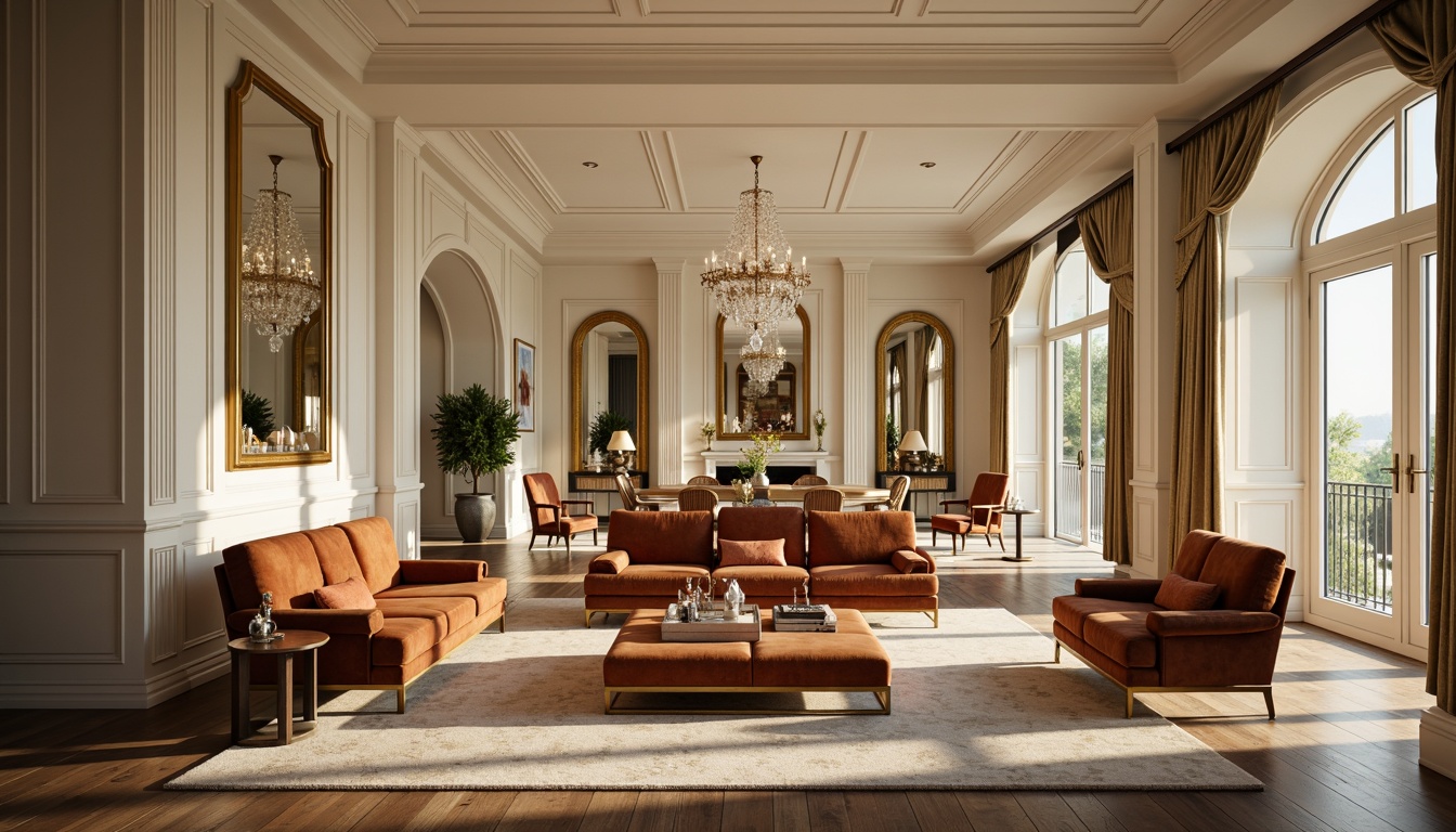 Prompt: Luxurious living room, creamy white marble accents, elegant columns, sophisticated furniture, velvet upholstery, gold metal frames, ornate mirrors, crystal chandeliers, rich wood flooring, subtle texture contrast, soft warm lighting, atmospheric ambiance, cinematic composition, dramatic depth of field, 1/2 composition, high-contrast highlights, realistic reflections.