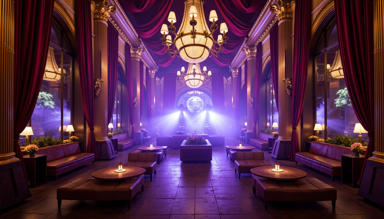 Prompt: Opulent nightclub interior, rich velvet drapes, ornate gold accents, grand chandeliers, sparkling crystal fixtures, lavish furnishings, intricate wooden carvings, luxurious fabrics, warm candlelight, soft glowing lanterns, dramatic spotlights, shimmering disco balls, vibrant purple and blue hues, mystical fog effects, eerie shadows, 3D projection mapping, ambient occlusion, realistic reflections, cinematic lighting, atmospheric smoke machines, dynamic strobe lights.