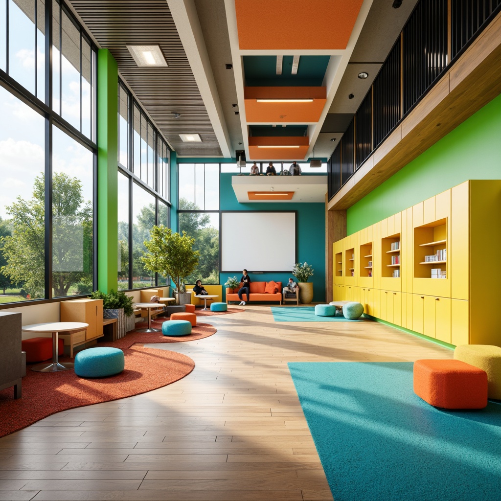 Prompt: Vibrant modern school interior, bold color accents, bright yellow lockers, turquoise chairs, greenery walls, natural wood floors, minimalist desks, ergonomic stools, interactive whiteboards, floor-to-ceiling windows, abundant daylight, soft warm lighting, cozy reading nooks, collaborative learning spaces, abstract geometric patterns, textured rugs, acoustic ceiling panels, sleek metal shelving, 1/1 composition, realistic textures, ambient occlusion.